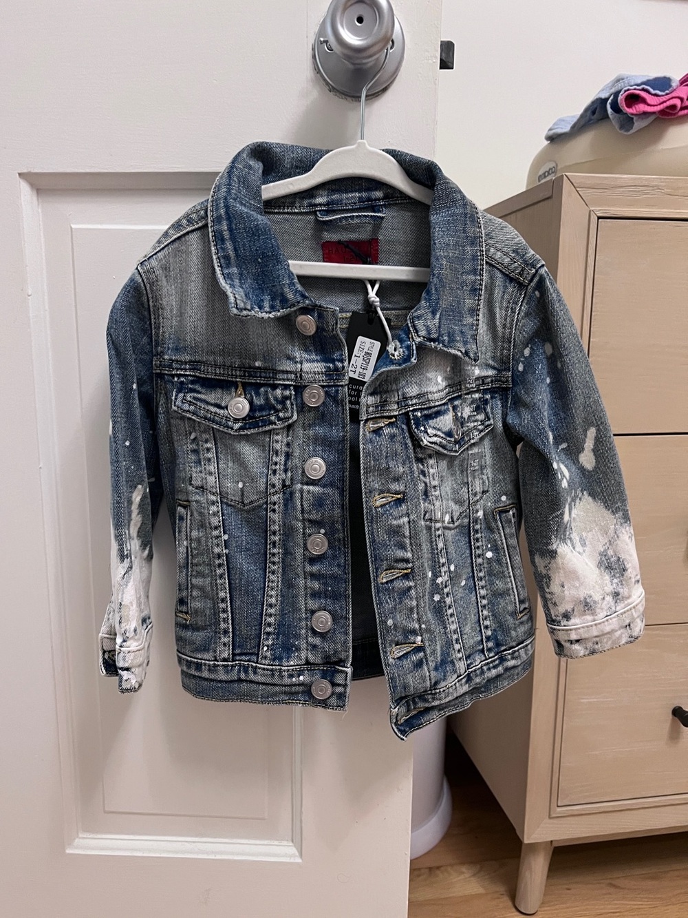 Kids Distressed Blue Denim Jacket with Paint-Splash Detail NWT